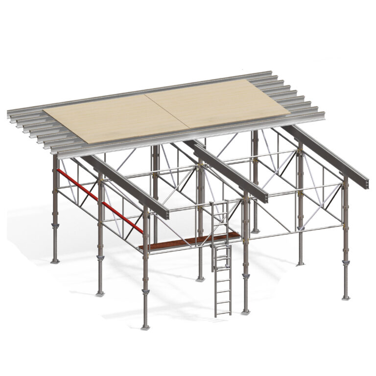 A metal scaffolding structure with a corrugated roof and wooden platform designed for hire. The setup includes a ladder and red structural supports ideal for construction sites needing reliable formwork solutions.